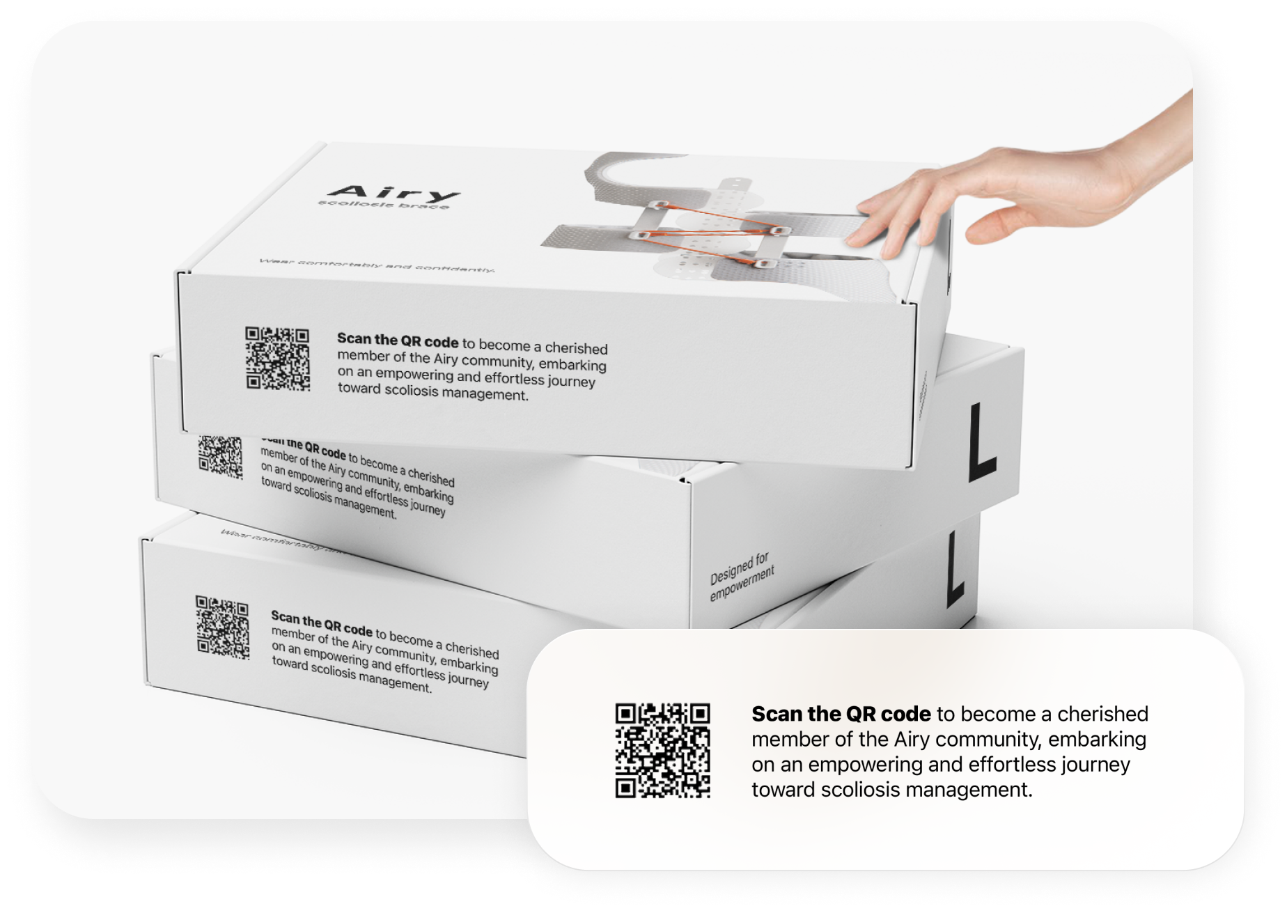 Airy product packaging with QR code inviting users to join the Airy community for scoliosis management
