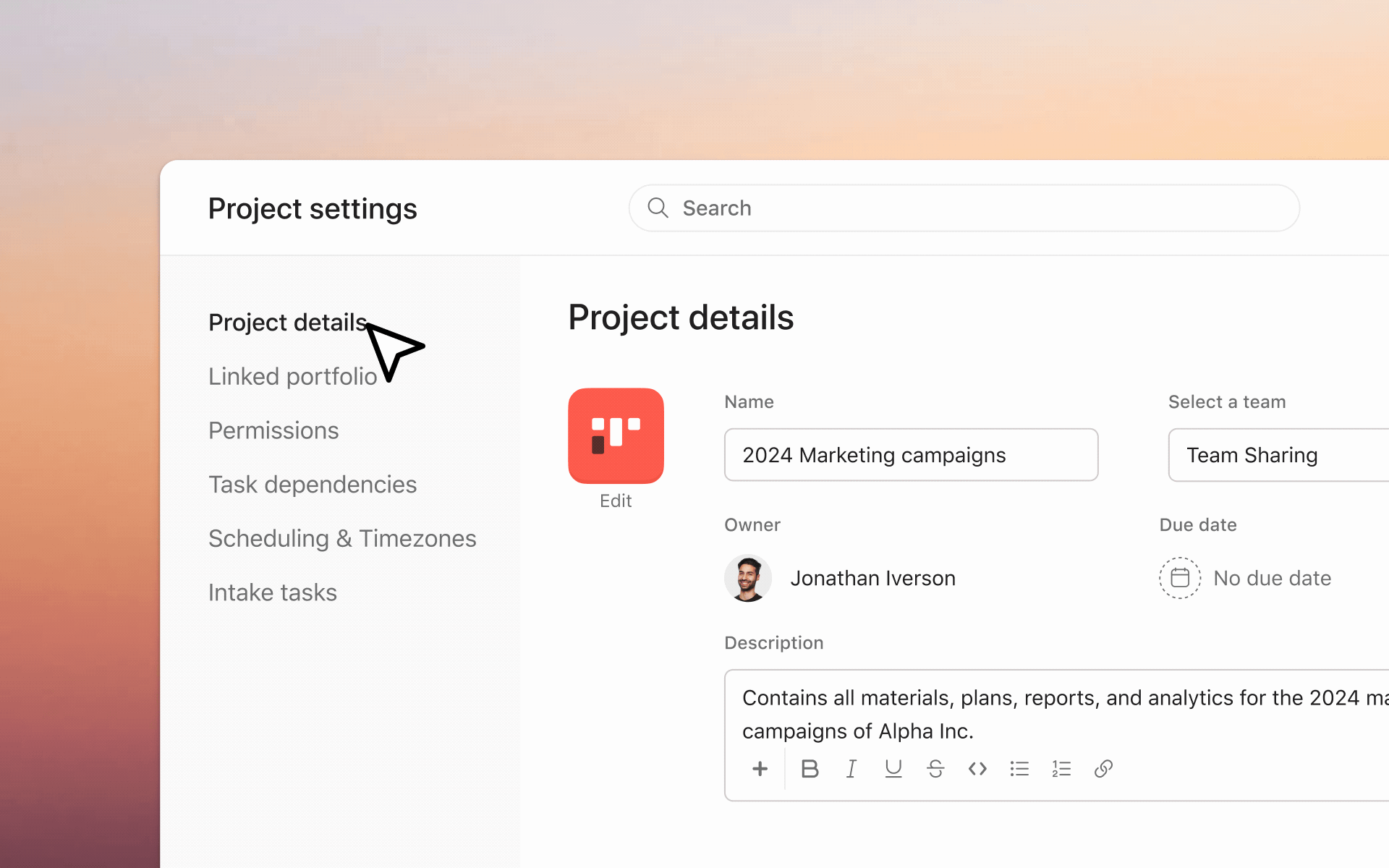 Asana project settings