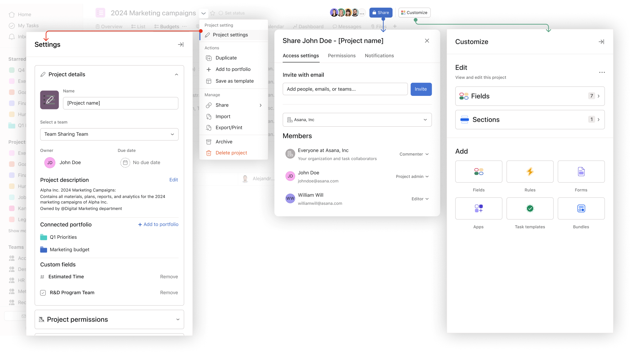 3 hubs / 3 entry points: Settings sidebar, Share modal, and Customize sidebar focused on main entry points