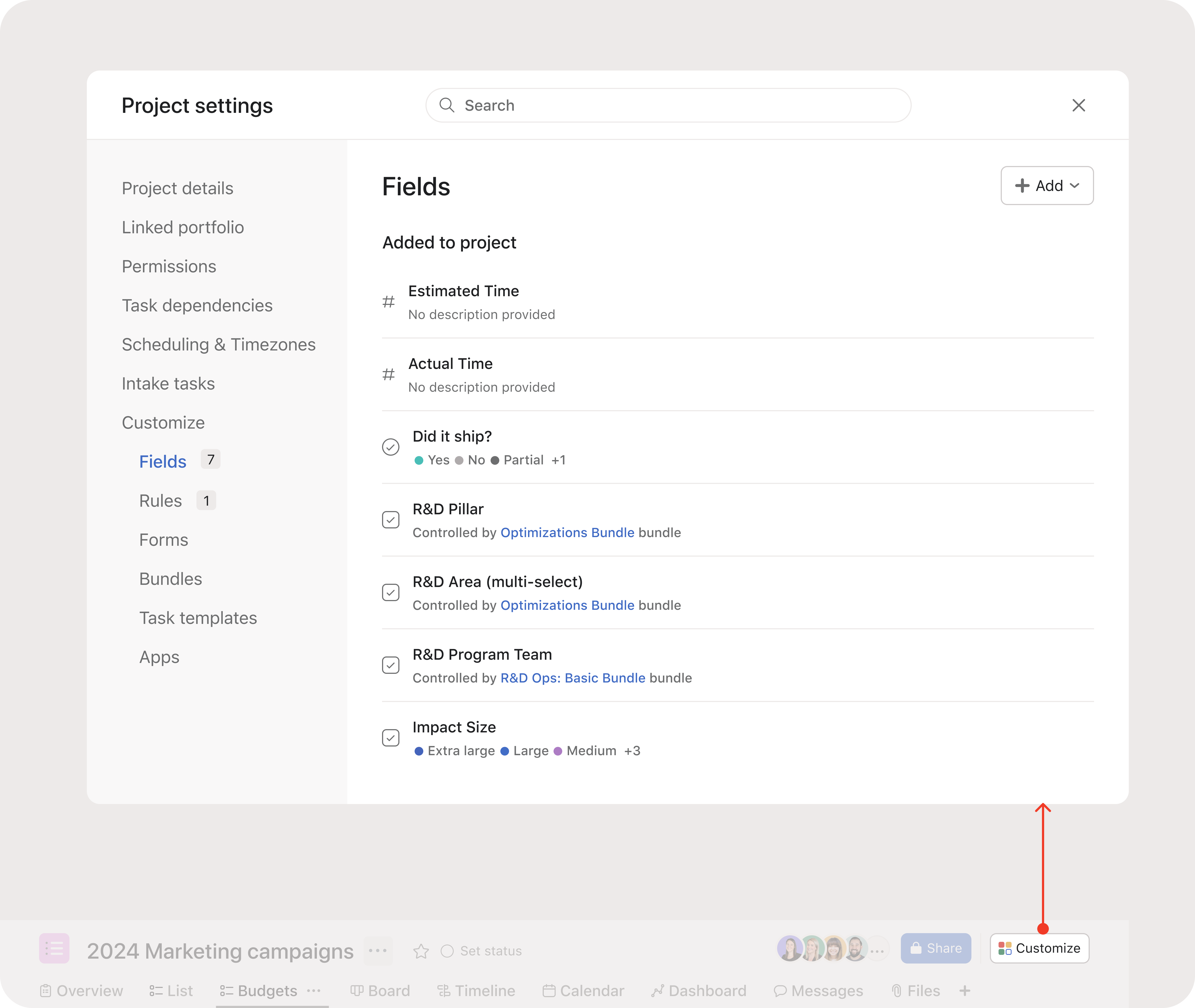 Usability insight 3: sticky notes, behaviors, implications, and proposed Project settings with Customize and Fields