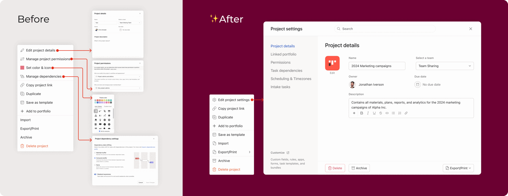 Before and after: unified project settings modal with sidebar navigation and search