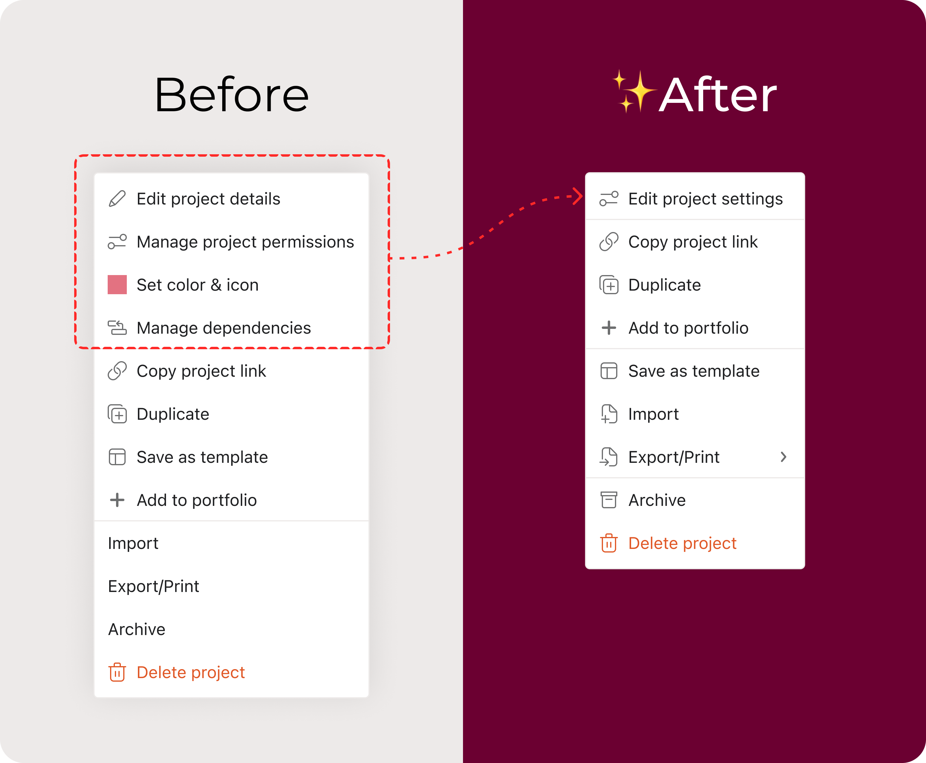 Before and after comparison of the consolidated project action menu in Asana