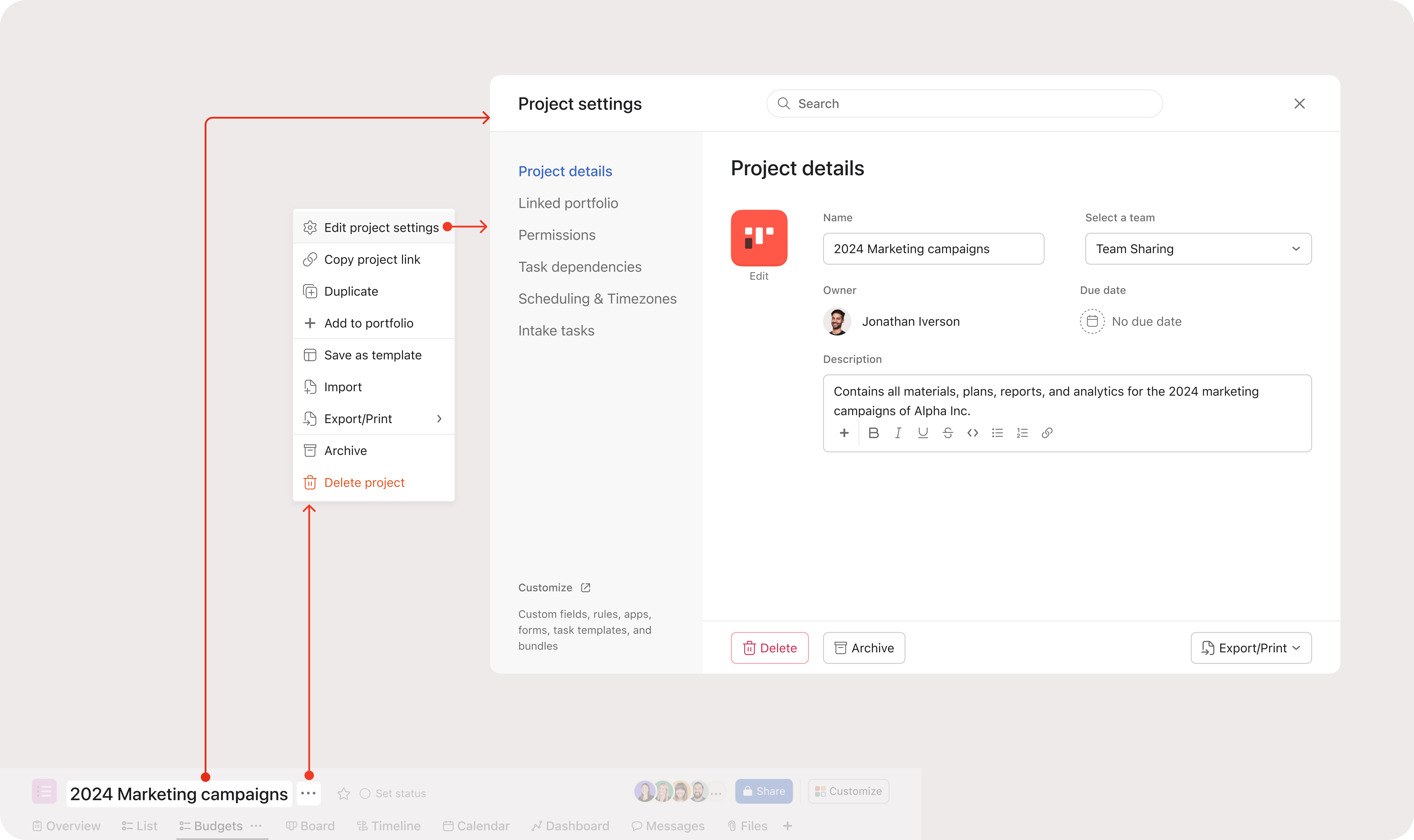 Usability insight: behaviors around project title versus action menu, and proposed project settings entry from Edit project settings to Project details