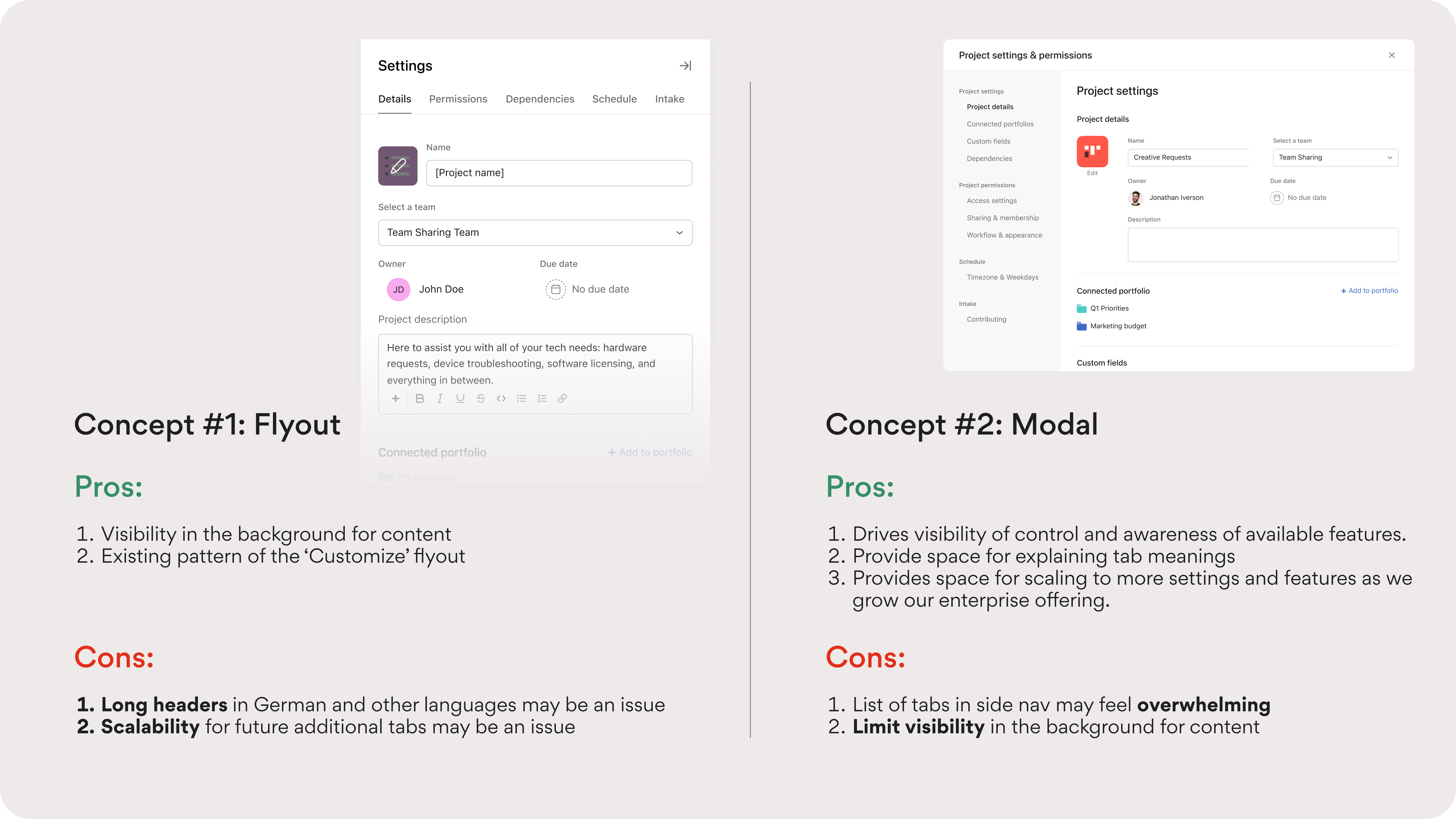 Two directions for project settings: flyout versus modal concepts with pros and cons
